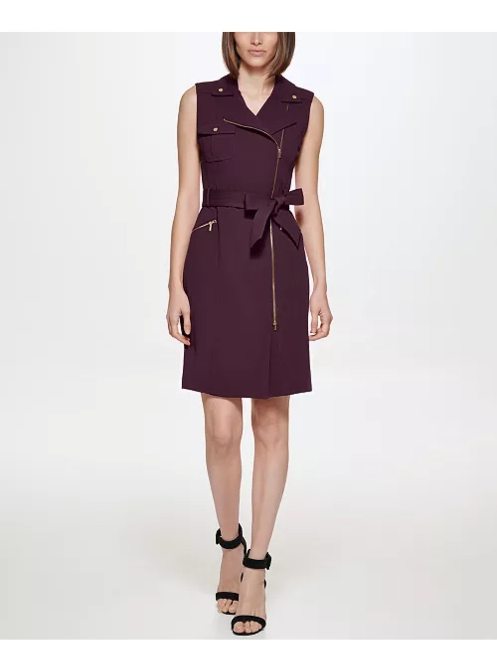 Calvin Klein Sleeveless Belted Sheath Dress in Plum